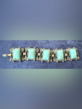 Vintage Wide Panel Bracelet Faux Turquoise Silver Tone Scrollwork Statement